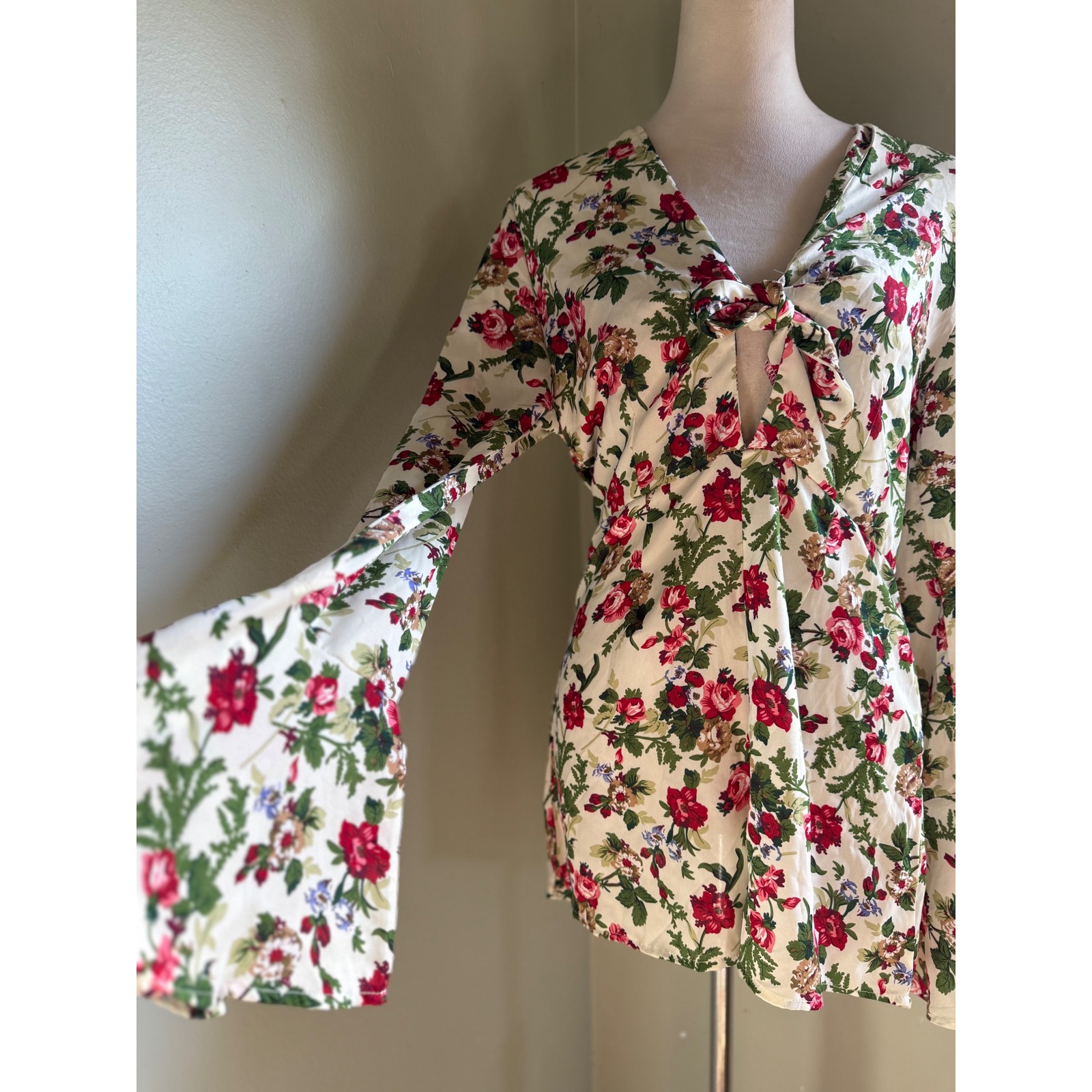 Diva Floral Print Romper Long Sleeve L Boho Cottage Y2k Fairy Whimsi Red Green